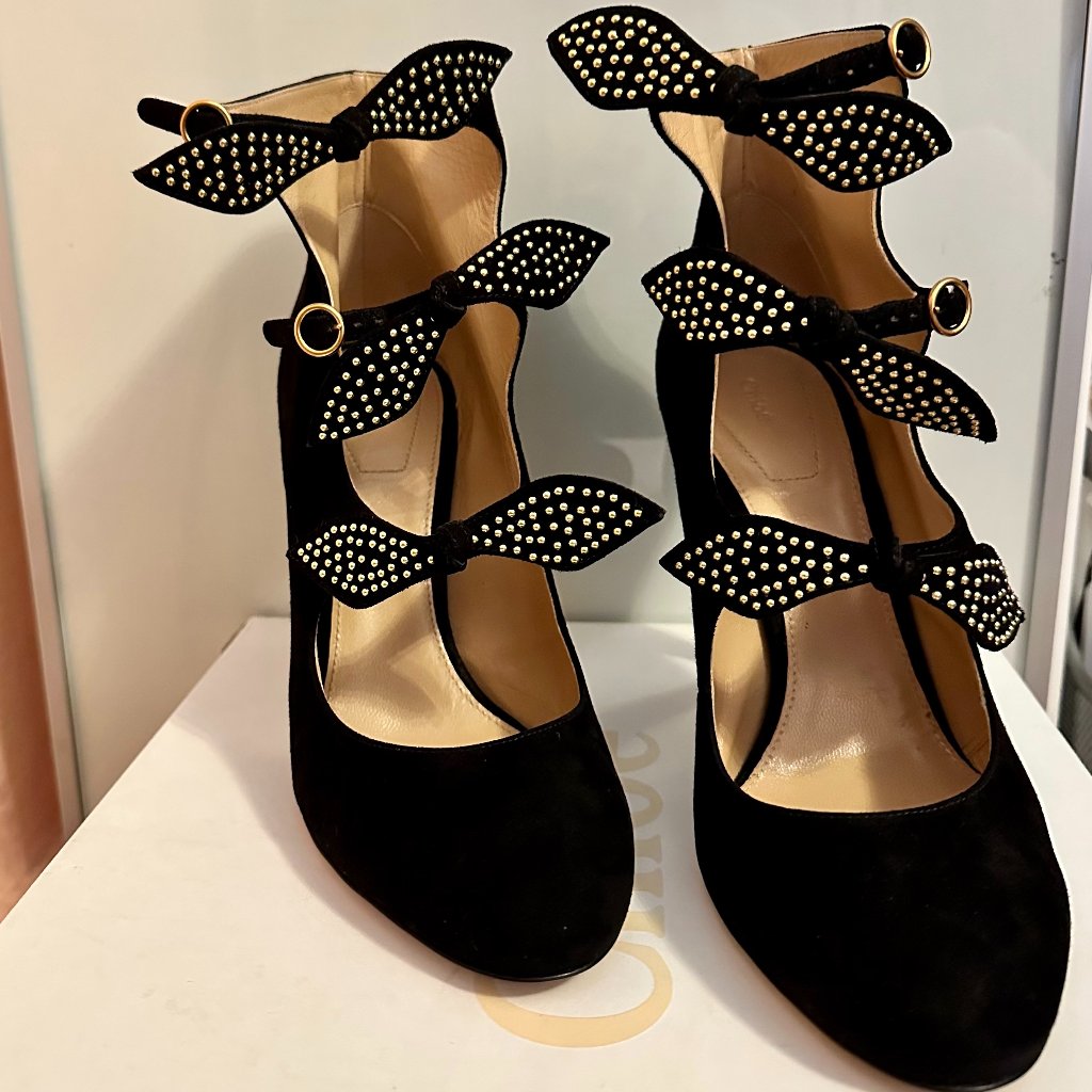New Chloe Black Ankle Boots With Bow Accents
